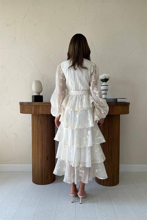 Toptan Bej Kat Kat Kuşaklı Elbise