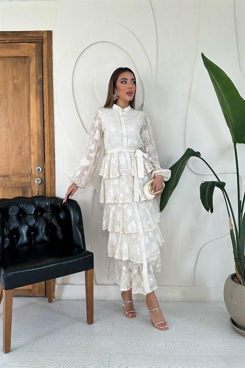 Wholesale Beige Layered Ruffled Dress