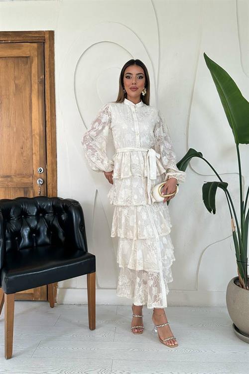 Wholesale Beige Layered Ruffled Dress