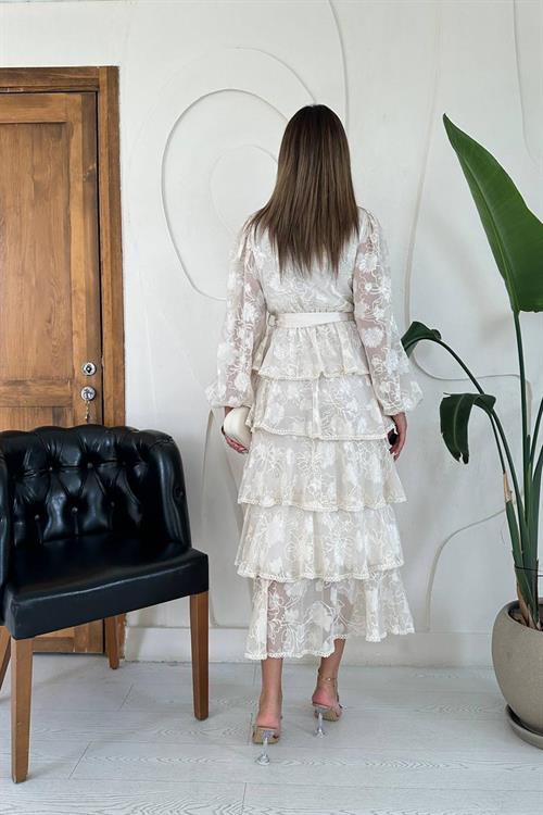 Wholesale Beige Layered Ruffled Dress