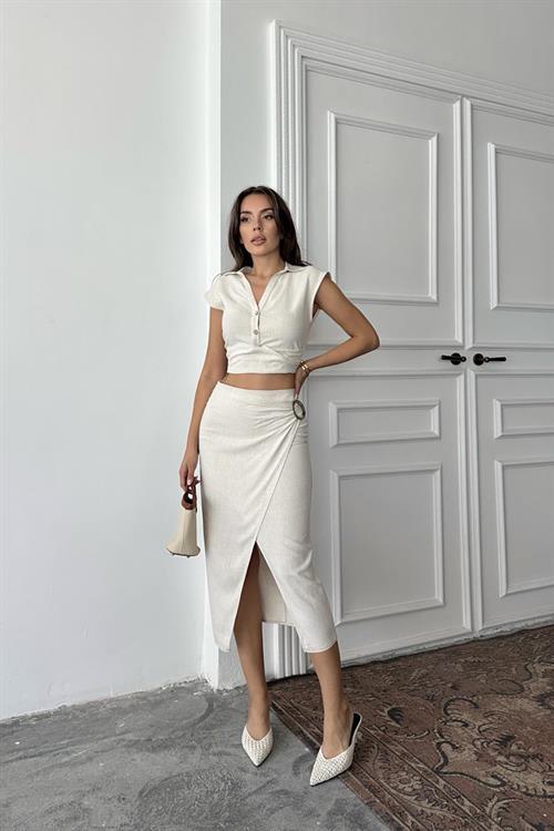 Wholesale Beige Linen Shirt and Skirt Set