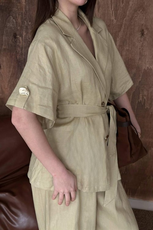 Toptan Bej Keten Gömlekli Takım