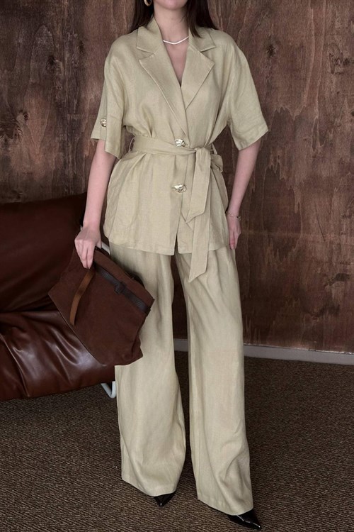 Toptan Bej Keten Gömlekli Takım