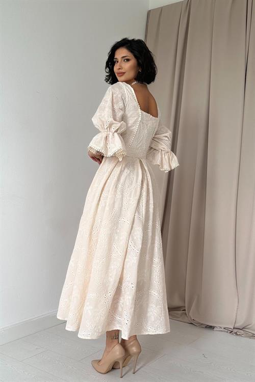Wholesale Beige Embroidery Dress with Elastic Sleeves