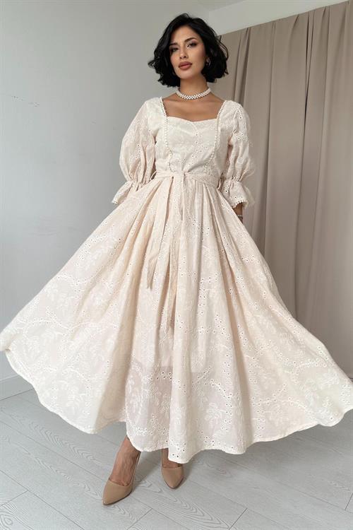 Wholesale Beige Embroidery Dress with Elastic Sleeves