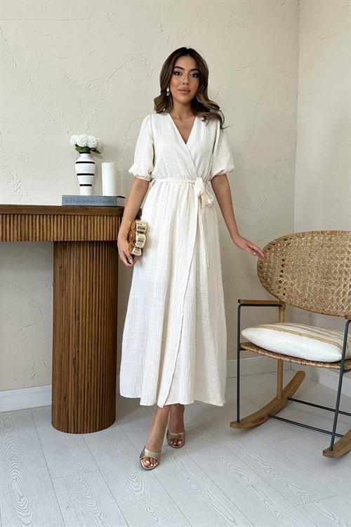 Toptan Bej Kruvaze Yaka Müslin Keten Elbise