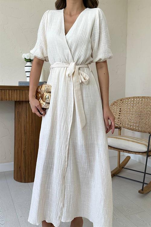 Toptan Bej Kruvaze Yaka Müslin Keten Elbise