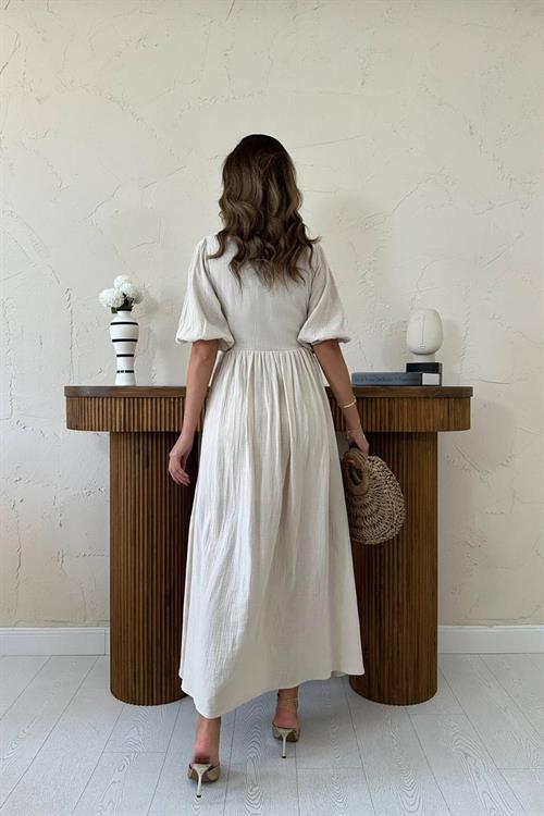 Toptan Bej Müslin Uzun Elbise