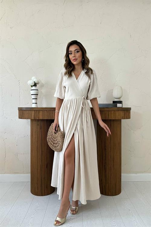 Toptan Bej Müslin Uzun Elbise