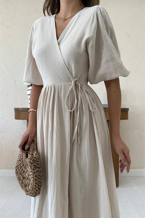 Toptan Bej Müslin Uzun Elbise