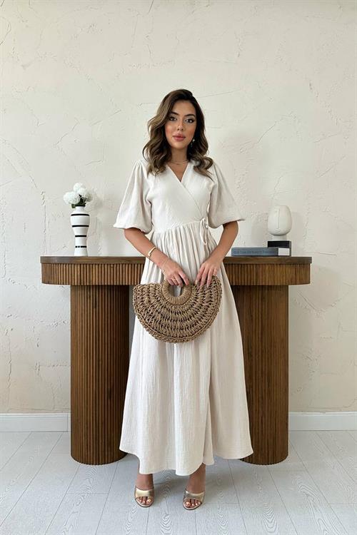 Toptan Bej Müslin Uzun Elbise