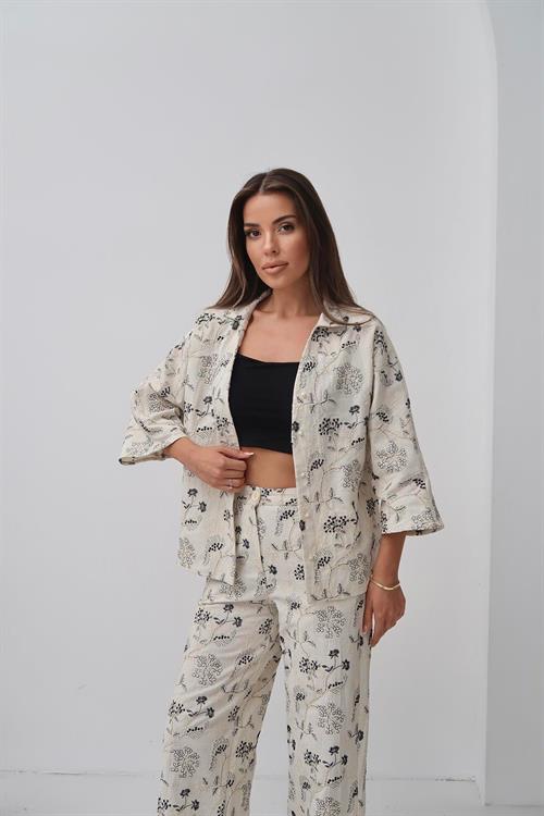 Wholesale Beige Embroidered Linen Set