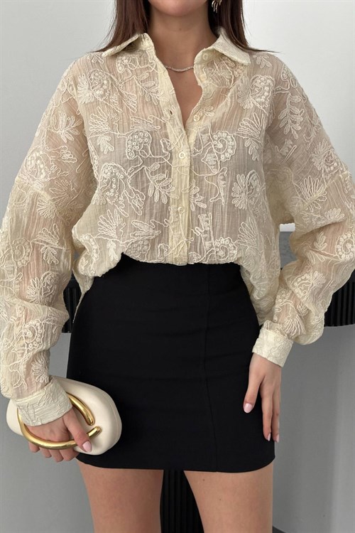 Wholesale Beige Embroidered Oversize Shirt