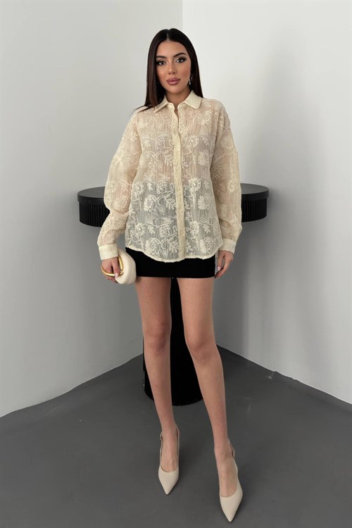 Wholesale Beige Embroidered Oversize Shirt