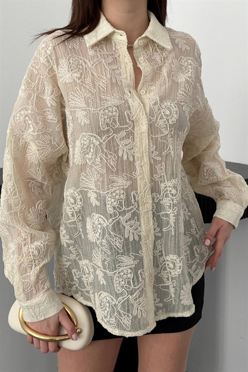 Wholesale Beige Embroidered Oversize Shirt