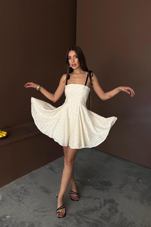 Toptan Bej Omzu Bağcıklı Elbise