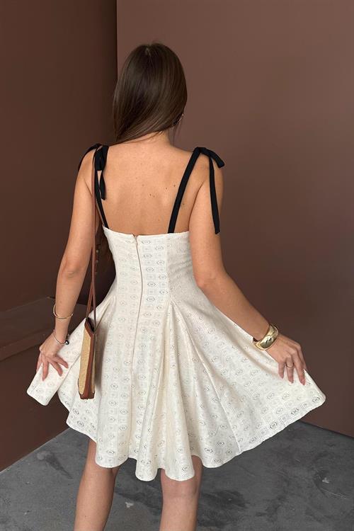 Toptan Bej Omzu Bağcıklı Elbise