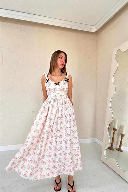 Toptan Bej Önü Fiyonklu Çiçekli Elbise