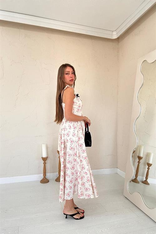 Toptan Bej Önü Fiyonklu Çiçekli Elbise