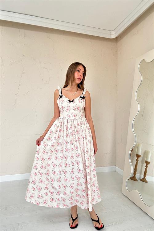 Toptan Bej Önü Fiyonklu Çiçekli Elbise