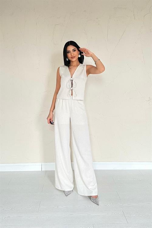 Wholesale Beige Bow Front Linen Suit