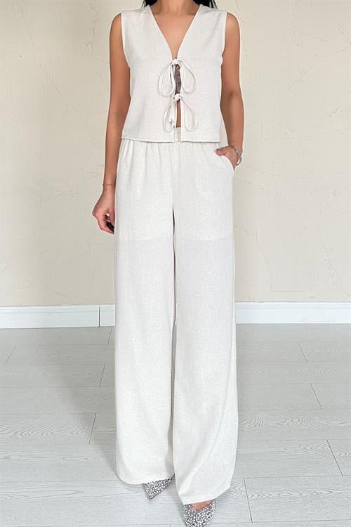 Wholesale Beige Bow Front Linen Suit