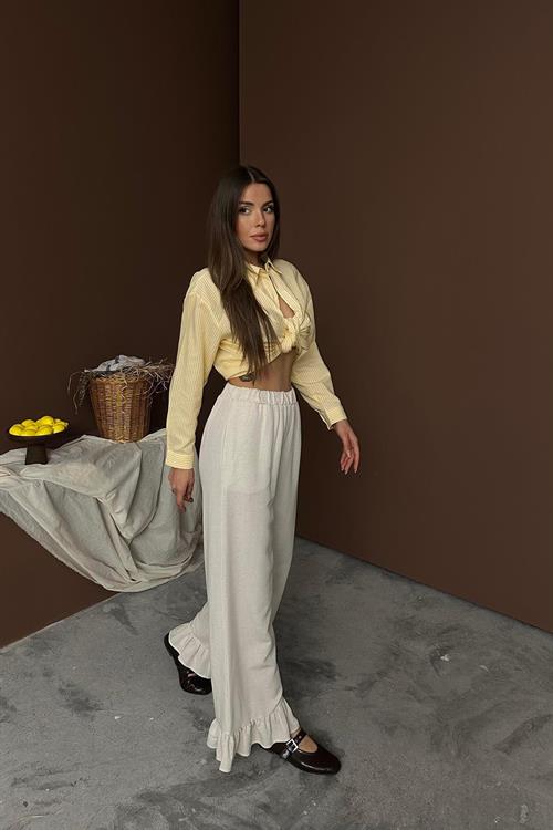 Wholesale Beige Ruffled Linen Trousers