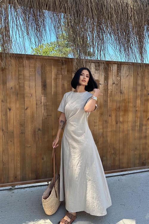 Toptan Bej Pileli Bisiklet Yaka Elbise