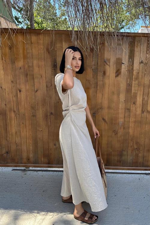 Toptan Bej Pileli Bisiklet Yaka Elbise