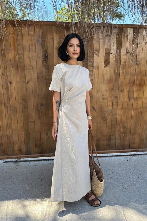 Toptan Bej Pileli Bisiklet Yaka Elbise