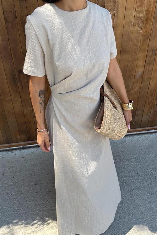 Toptan Bej Pileli Bisiklet Yaka Elbise