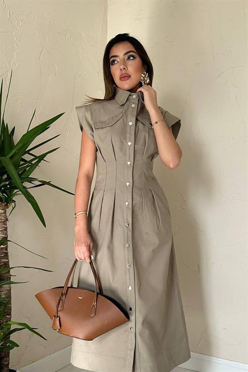 Wholesale Beige Pleated Gabardine Dress