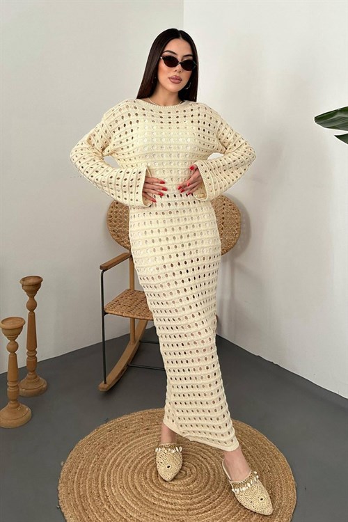 Toptan Bej Pitikare Triko Elbise