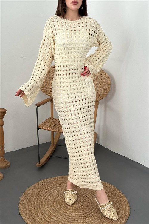 Toptan Bej Pitikare Triko Elbise