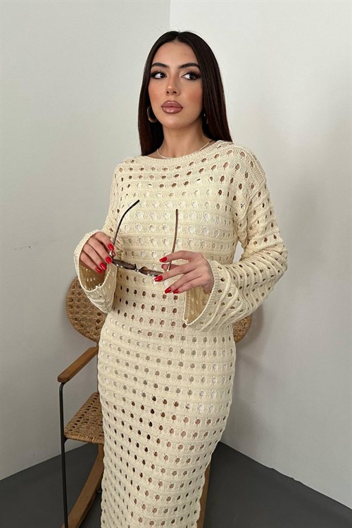 Toptan Bej Pitikare Triko Elbise