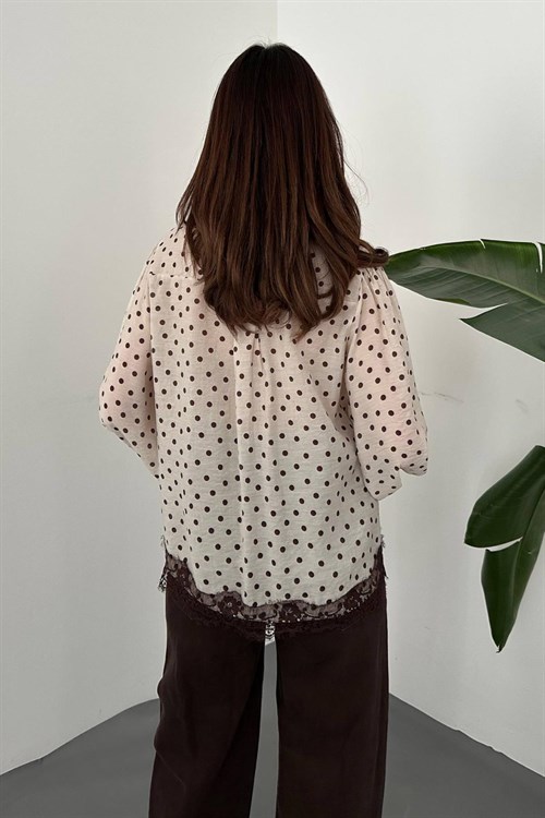 Toptan Bej Puantiyeli Dantelli Gömlek