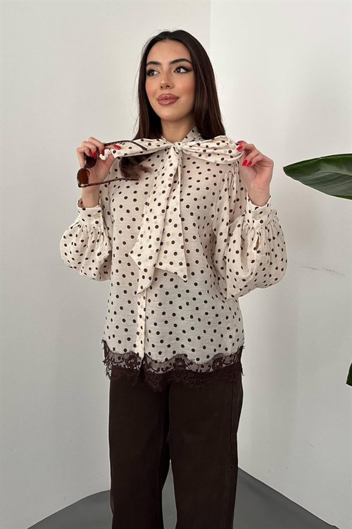 Toptan Bej Puantiyeli Dantelli Gömlek