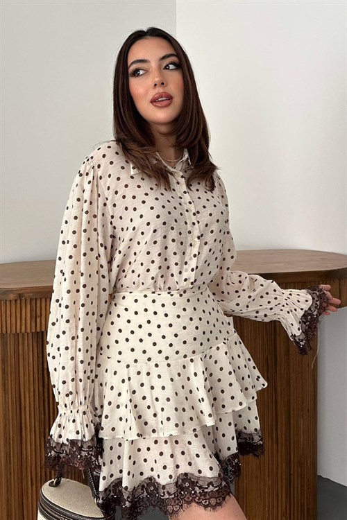 Toptan Bej Puantiyeli Dantelli Takım