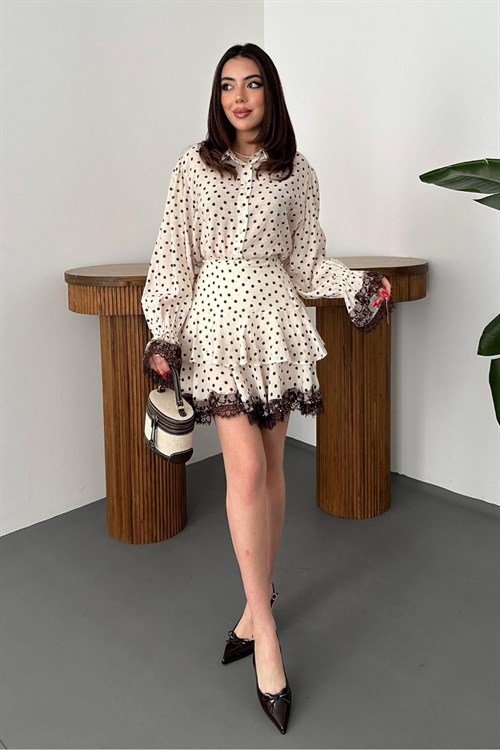 Toptan Bej Puantiyeli Dantelli Takım