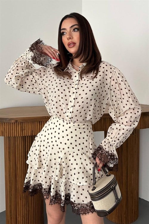 Toptan Bej Puantiyeli Dantelli Takım