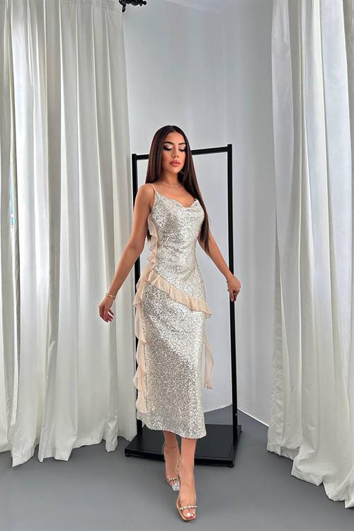 Wholesale Beige Sequin Dress with Chiffon Ruffle