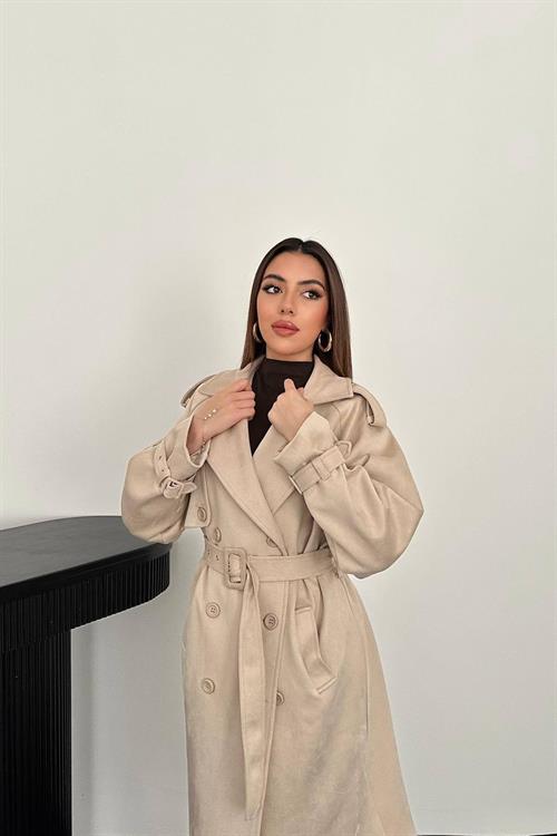 Wholesale Beige Suede Trench Coat with Raglan Sleeves