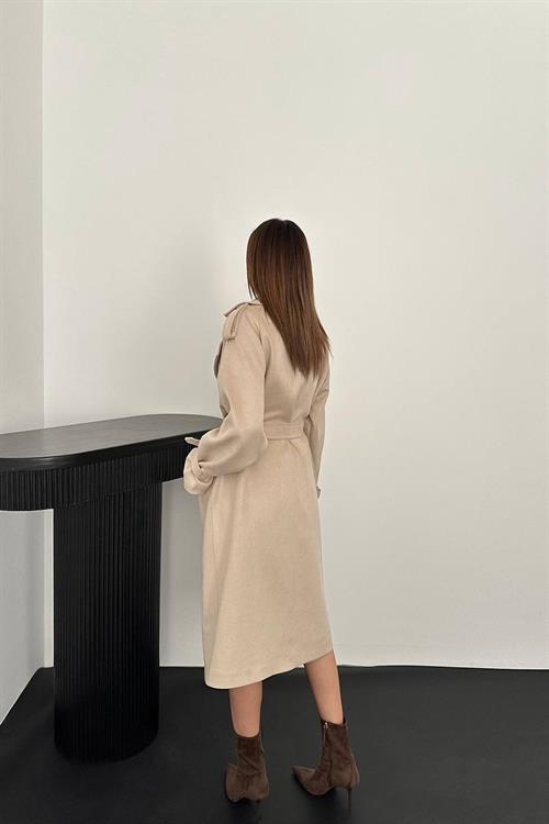 Wholesale Beige Suede Trench Coat with Raglan Sleeves