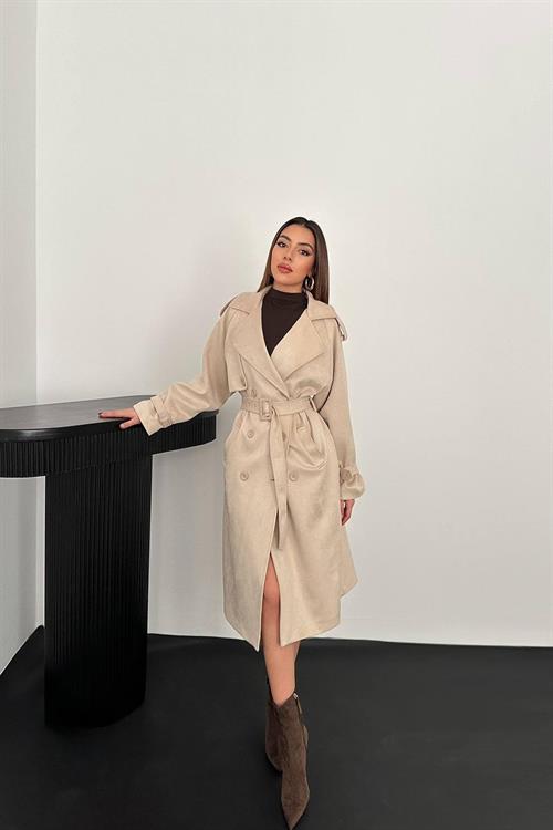 Wholesale Beige Suede Trench Coat with Raglan Sleeves