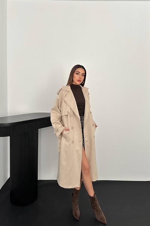 Wholesale Beige Suede Trench Coat with Raglan Sleeves