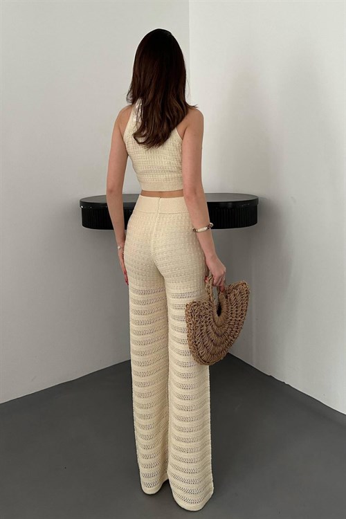 Toptan Bej Şal Detay Triko Takım