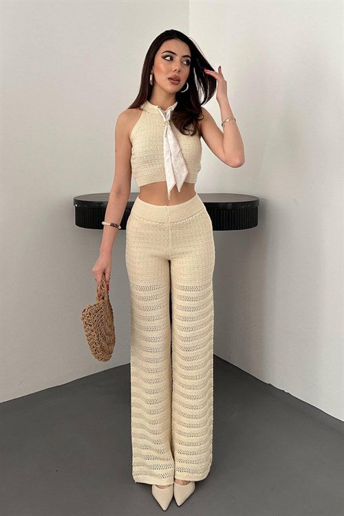 Toptan Bej Şal Detay Triko Takım