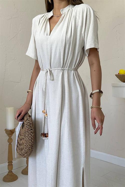 Toptan Bej Salaş Keten Elbise