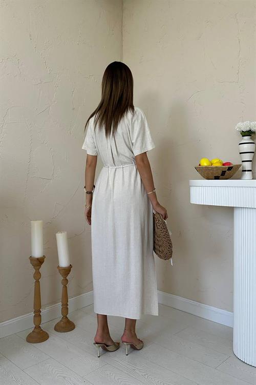 Toptan Bej Salaş Keten Elbise