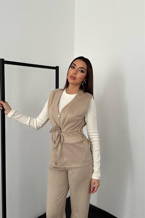 Wholesale Beige Suede Vest and Trousers Set